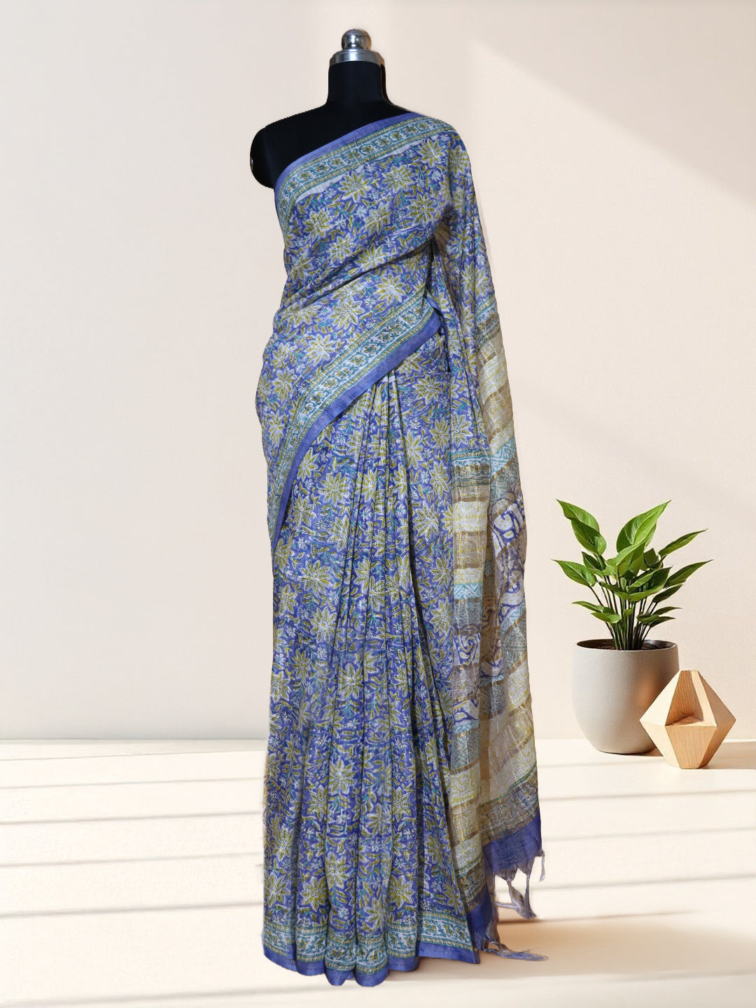 Women Blue Linen Cotton Saree SL232