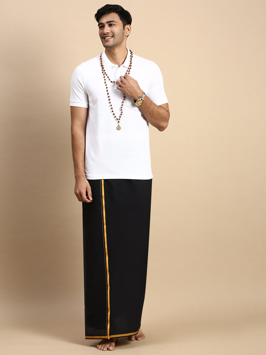 Men Devotional Big Border Dhoti & TShirt Set Black EP1