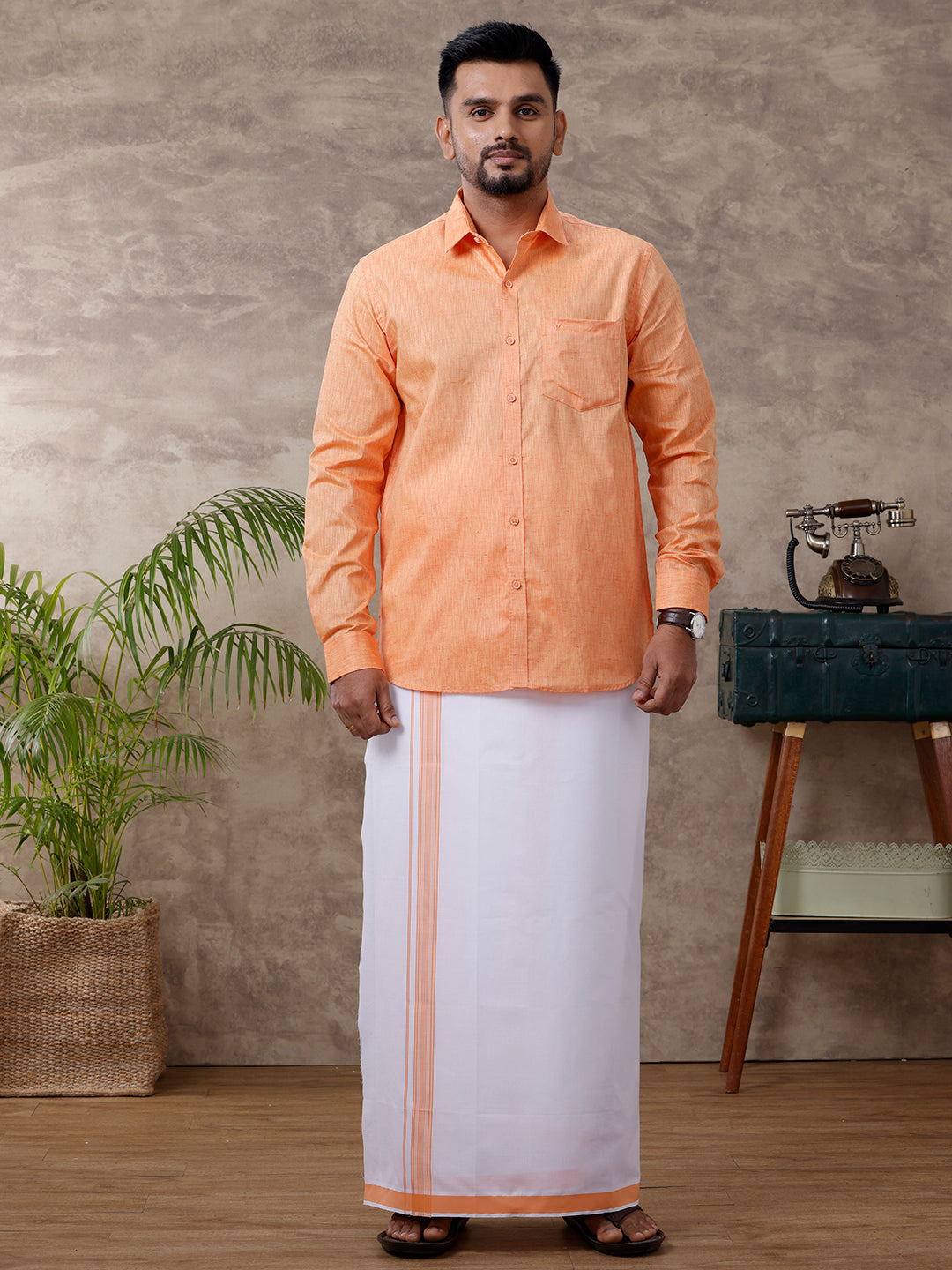 Men Matching Border Dhoti & Shirt Set Full Orange C2