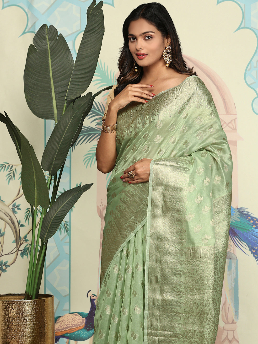 Women Semi Orgenza Weaving Saree Green SOS18