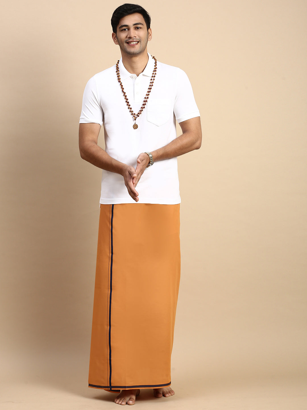 Men Devotional Big Border Dhoti & TShirt Set Kaavi EP1