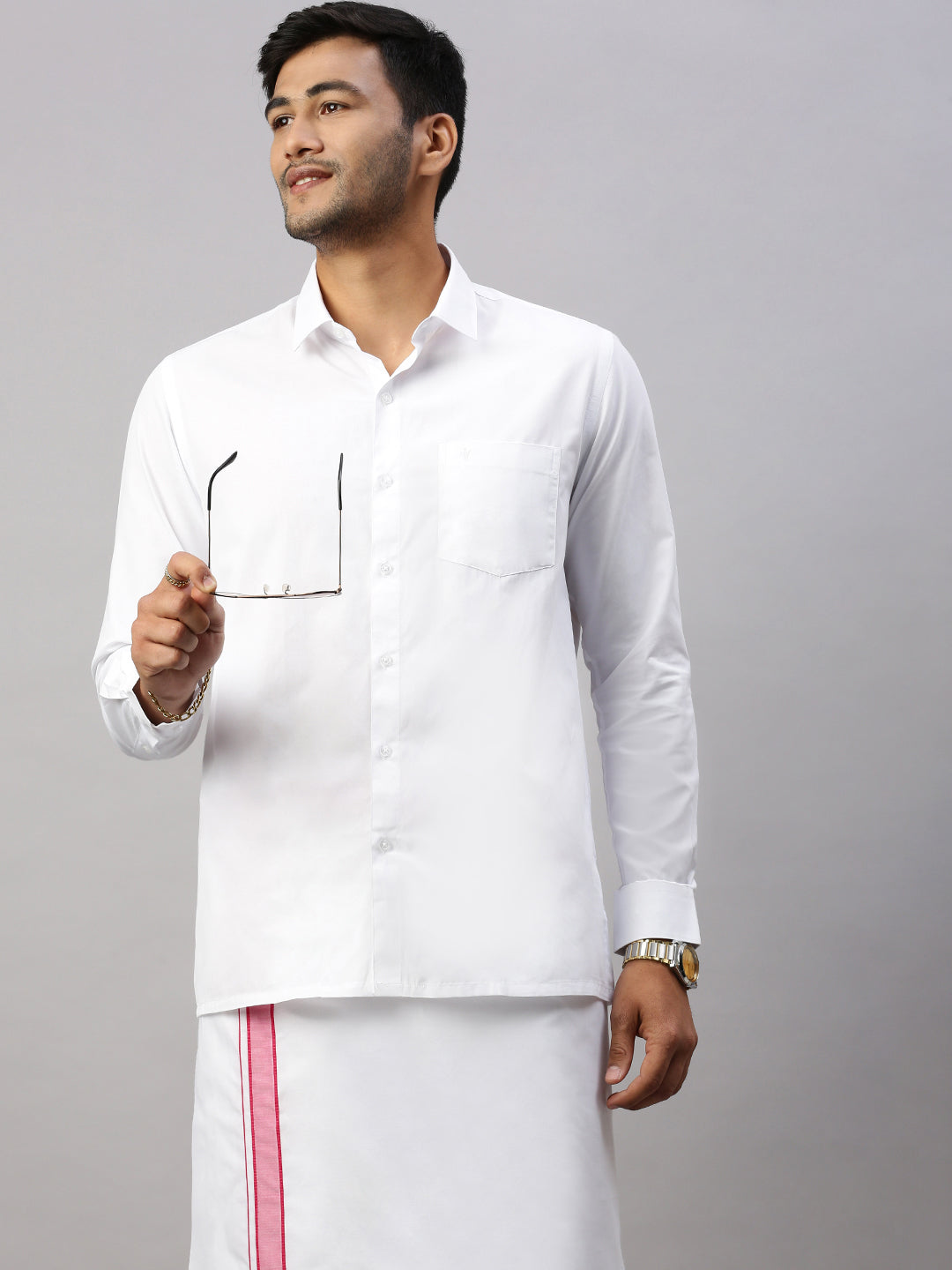 Mens Prestigious Look Cotton Single Dhoti with Pink Fancy Border - Winner Plain
