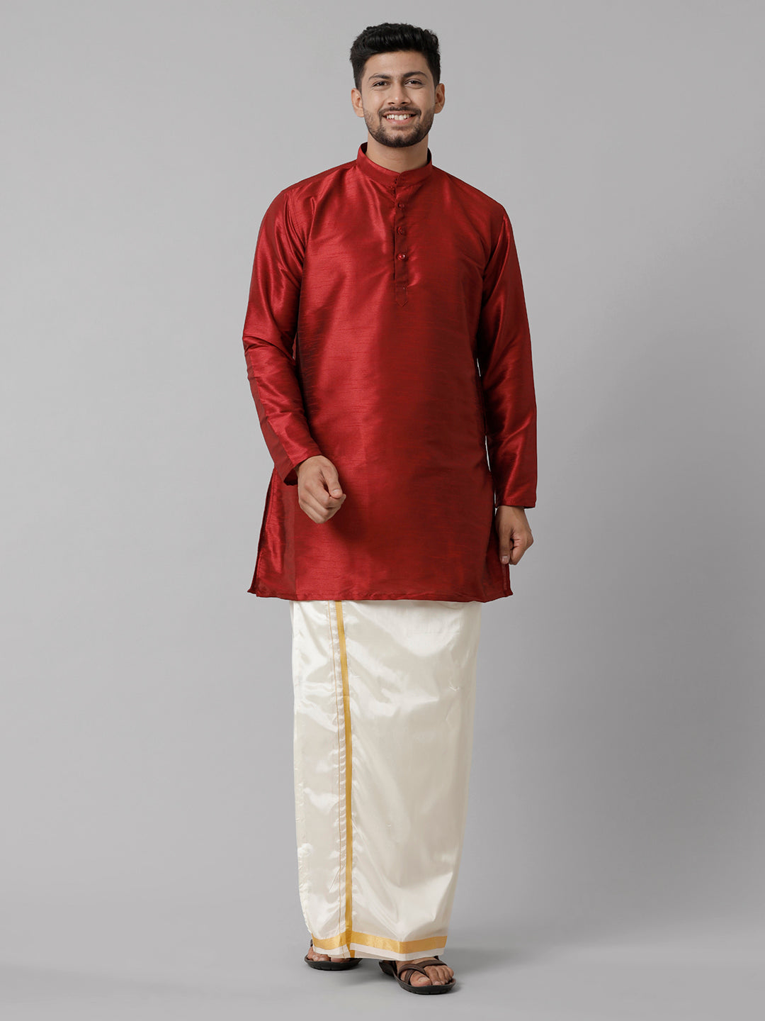Mens Polyster Red Medium Length Kurta with Art Silk Jari Dhoti Combo SL06