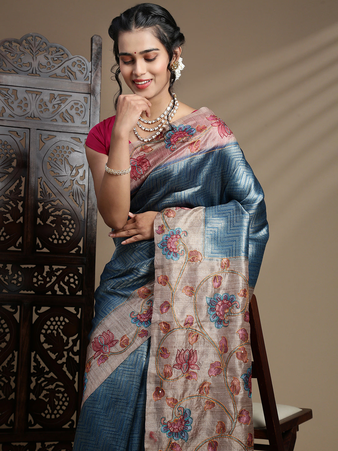 Women Blue with Brown Semi Raw Silk Embroidered Saree SRS110