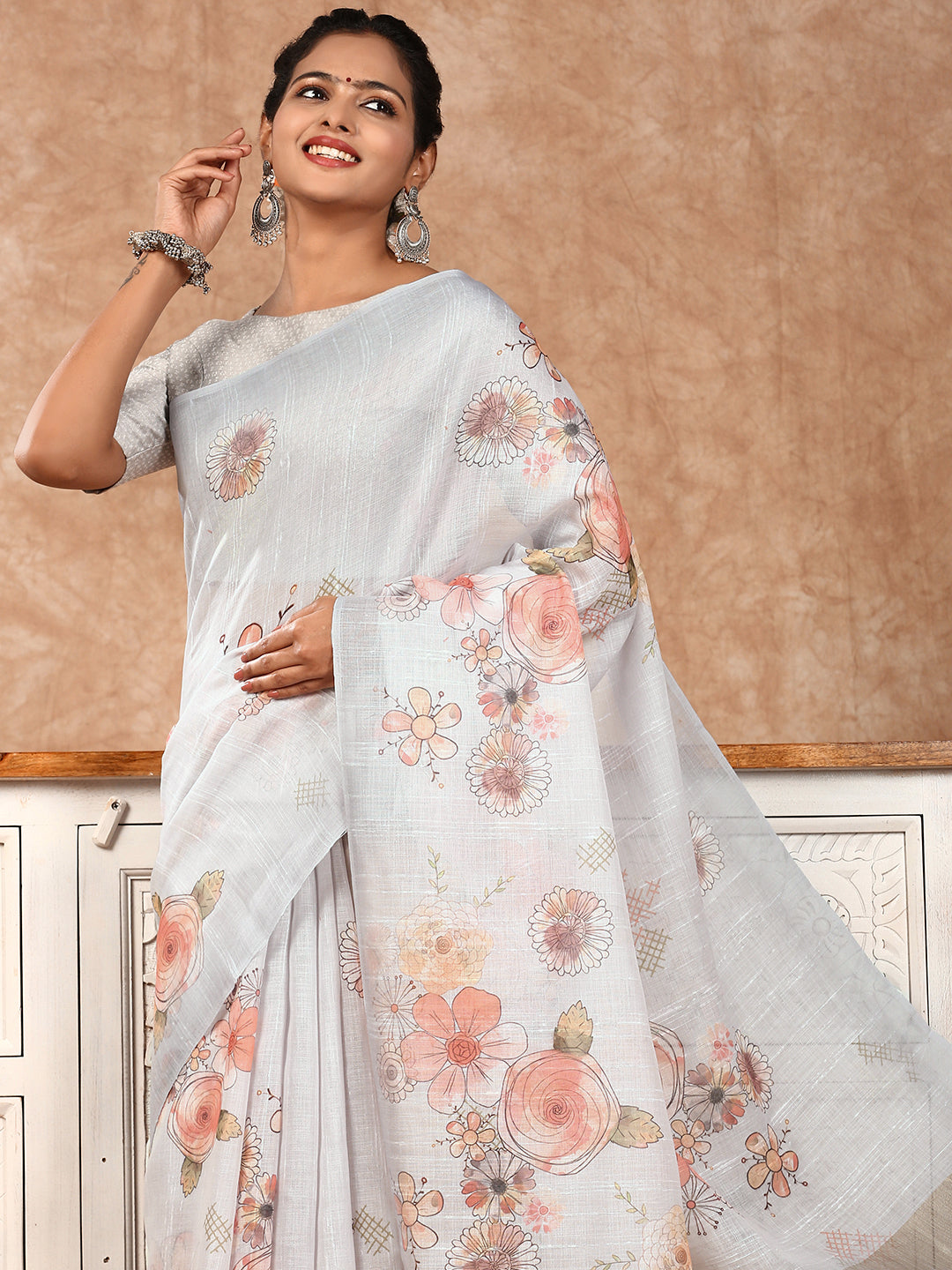 Women Semi Linen Saree Grey SL129