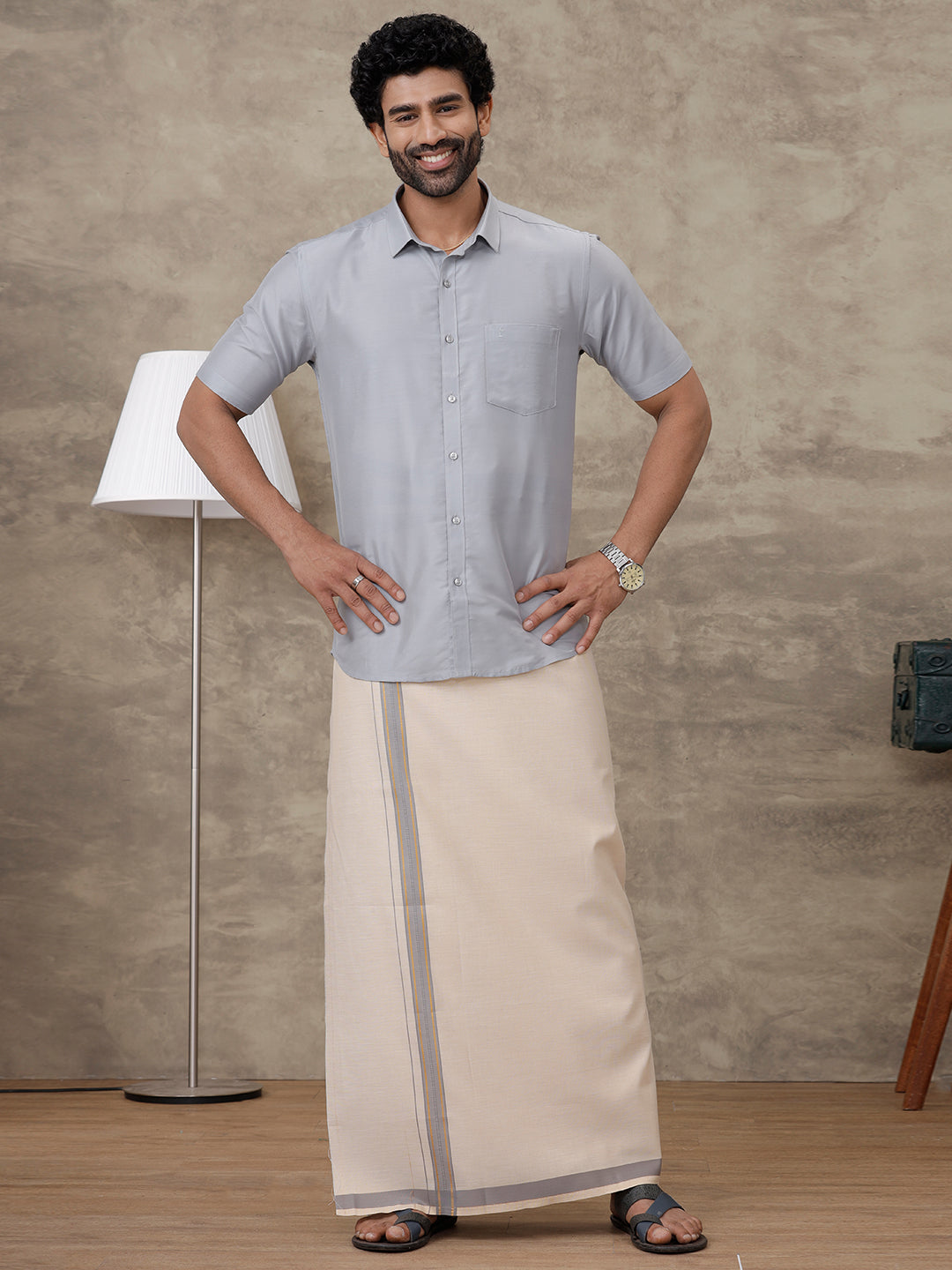 Men Grey Silk Cotton Shirt With Matching Border Tissue Dhoti Set CCB Fortune