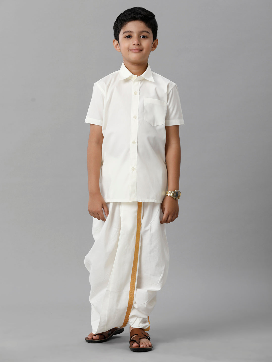 Boys Cotton Cream Half Sleeves Shirt Panchakacham Combo