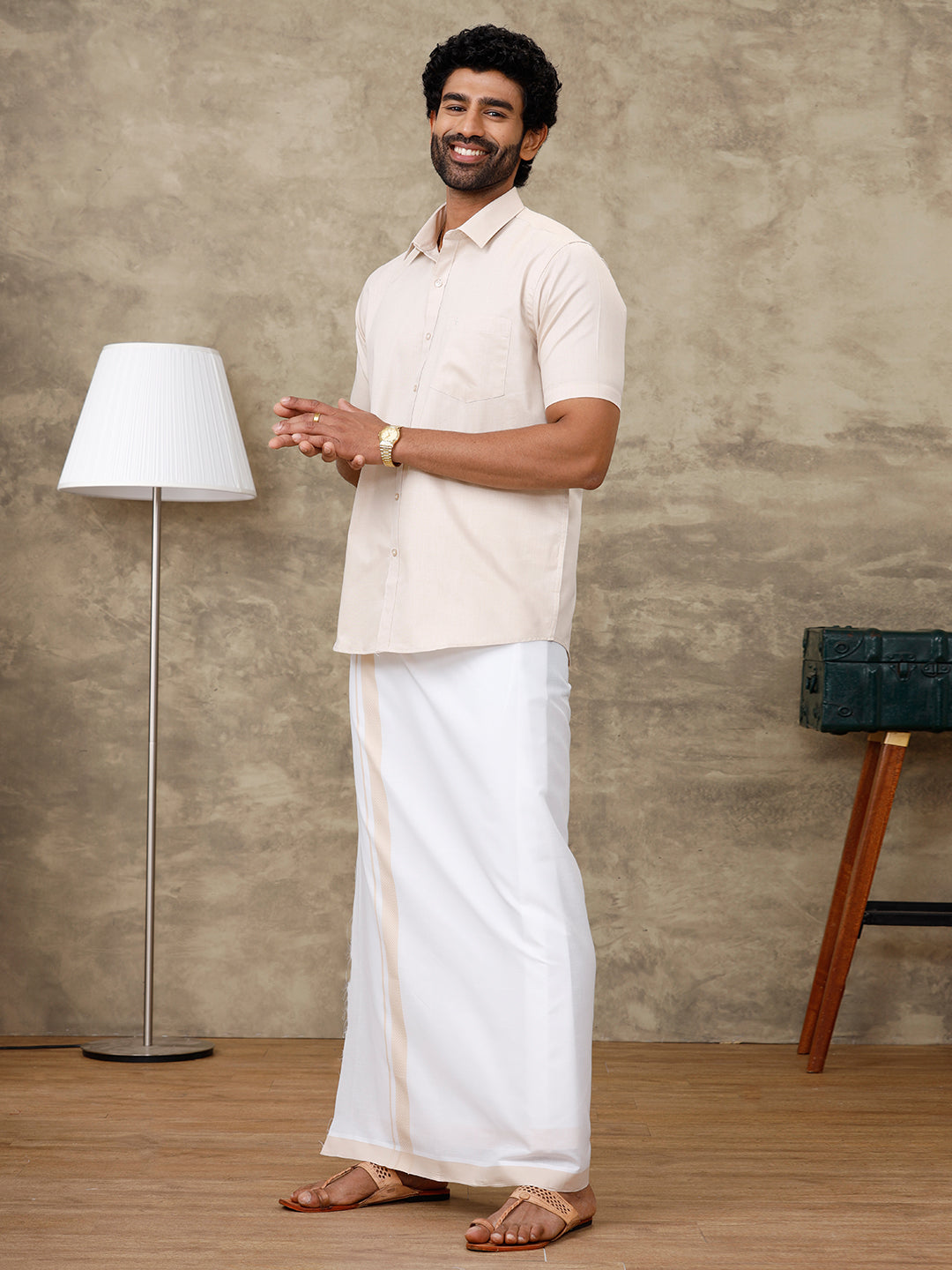 Men Pale Grey Shirt With Matching Border Dhoti Set Evolution