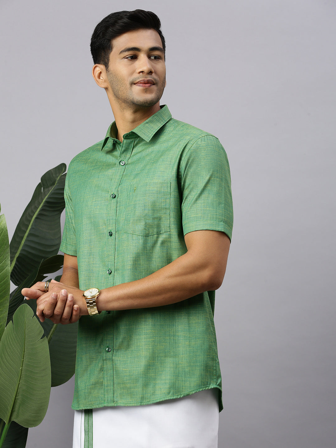 Mens Evolution Green Matching Border Dhoti & Half Sleeves Shirt Set