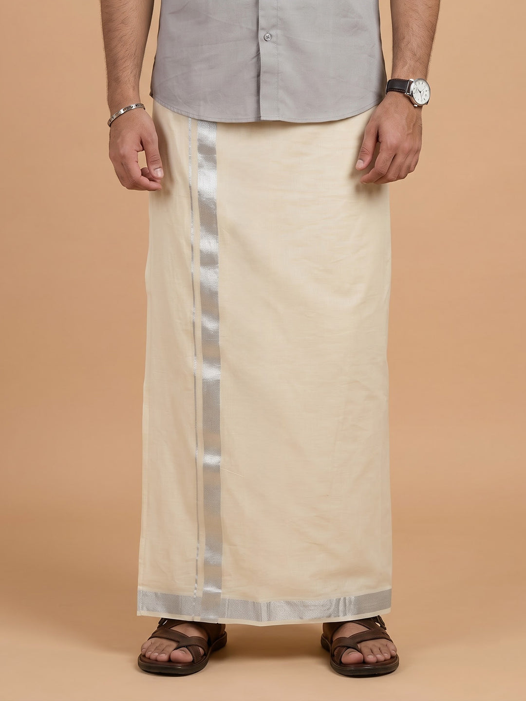 Double Layer 100% Cotton Cream Kora Dhoti with Silver Jari Border