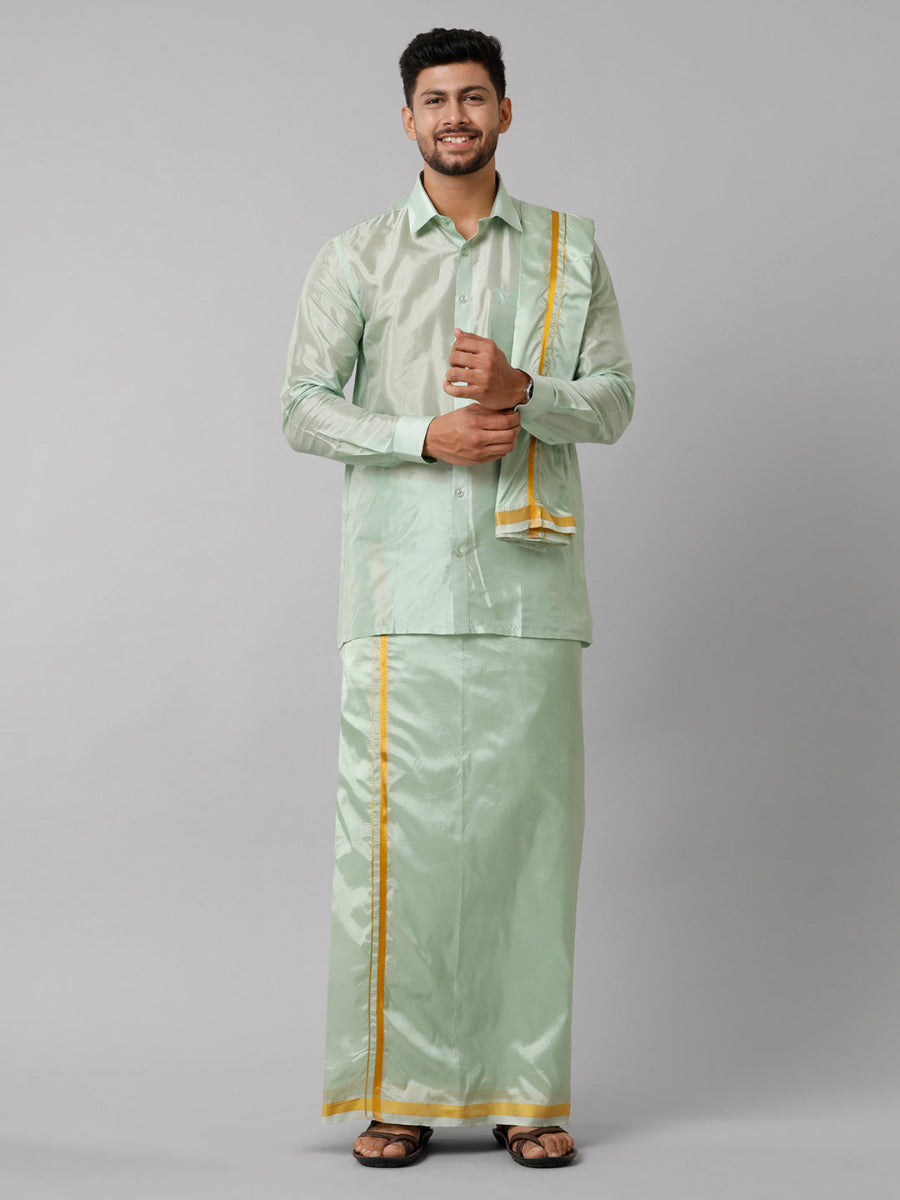 Mens Art Silk Green Shirt Dhoti Towel Set Swayamvara