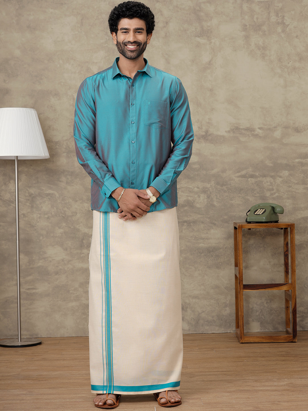 Men Jungle Green Silk Cotton Shirt With Matching Border Tissue Dhoti Set CCB Fortune