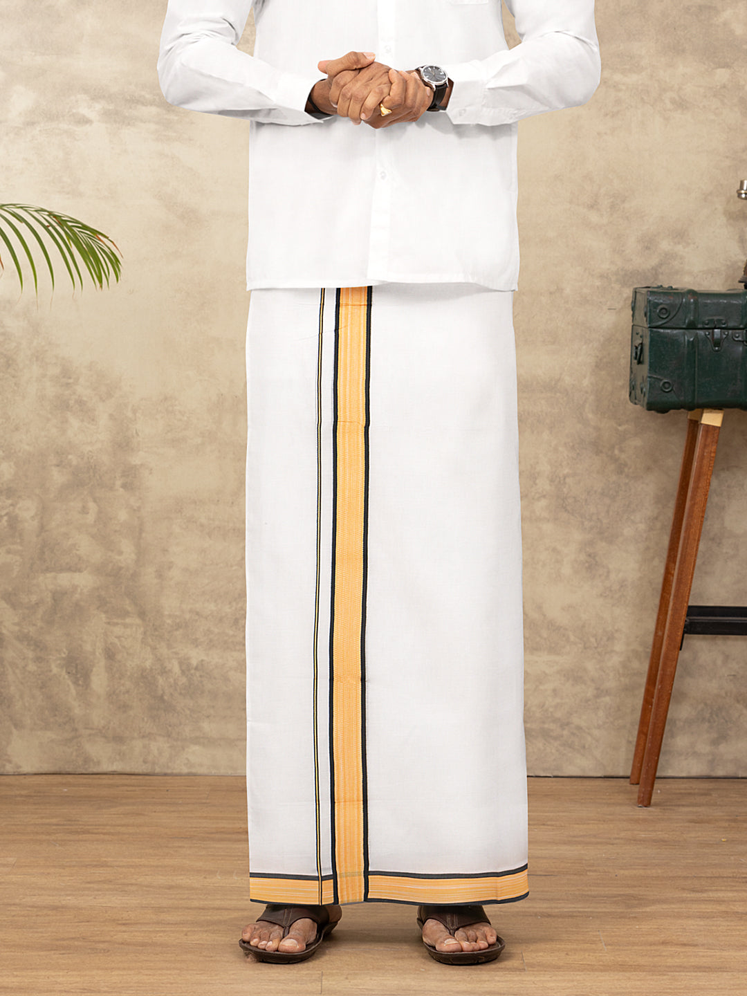 Men Cotton Blend Double Layer White Dhoti with Fancy Border Mountain Fancy MF01