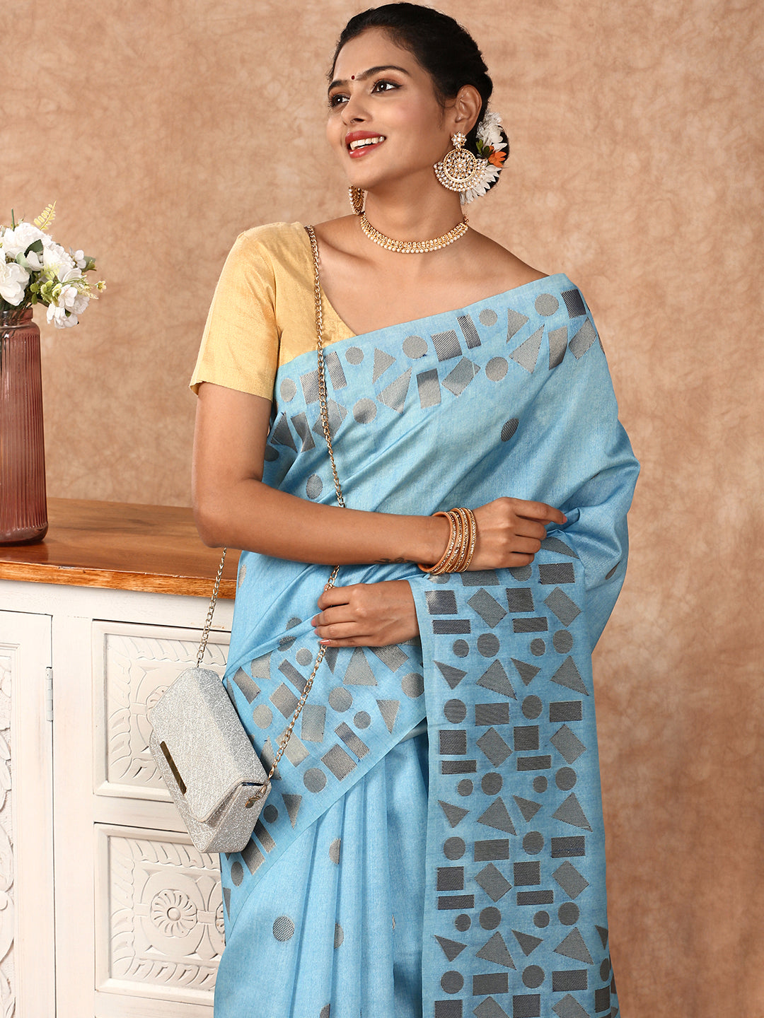 Womens Semi Tussar Weaving Saree Blue ST151