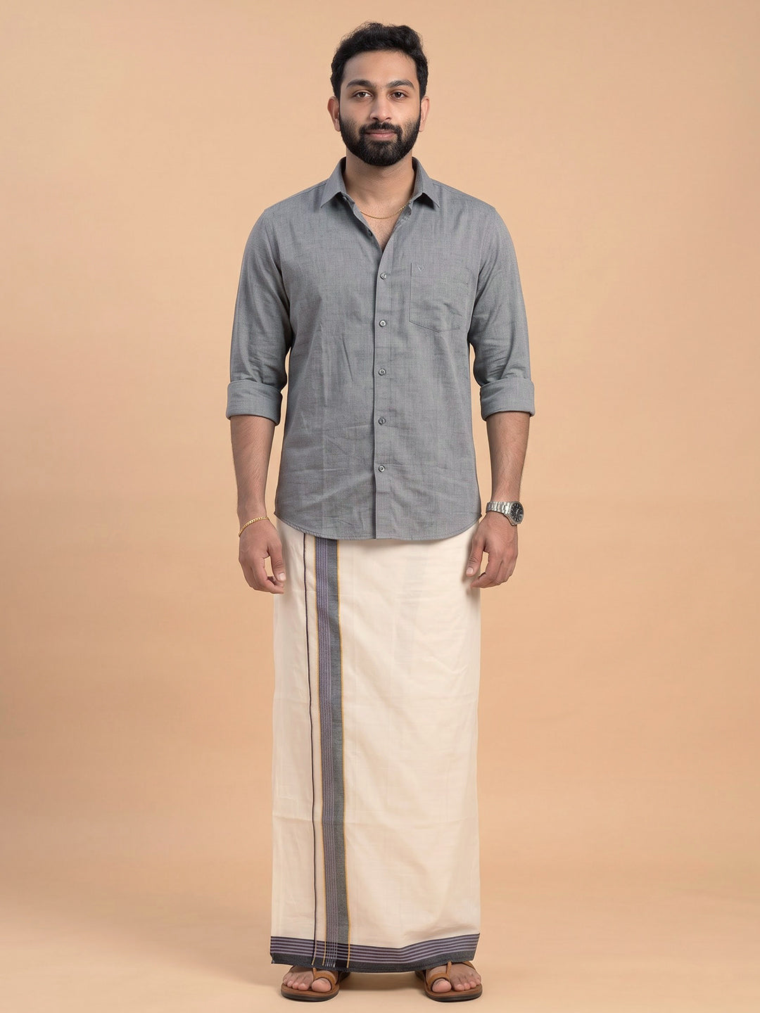 Double Layer 100% Cotton Cream Kora Dhoti with Colour Jari Border - SSJ01