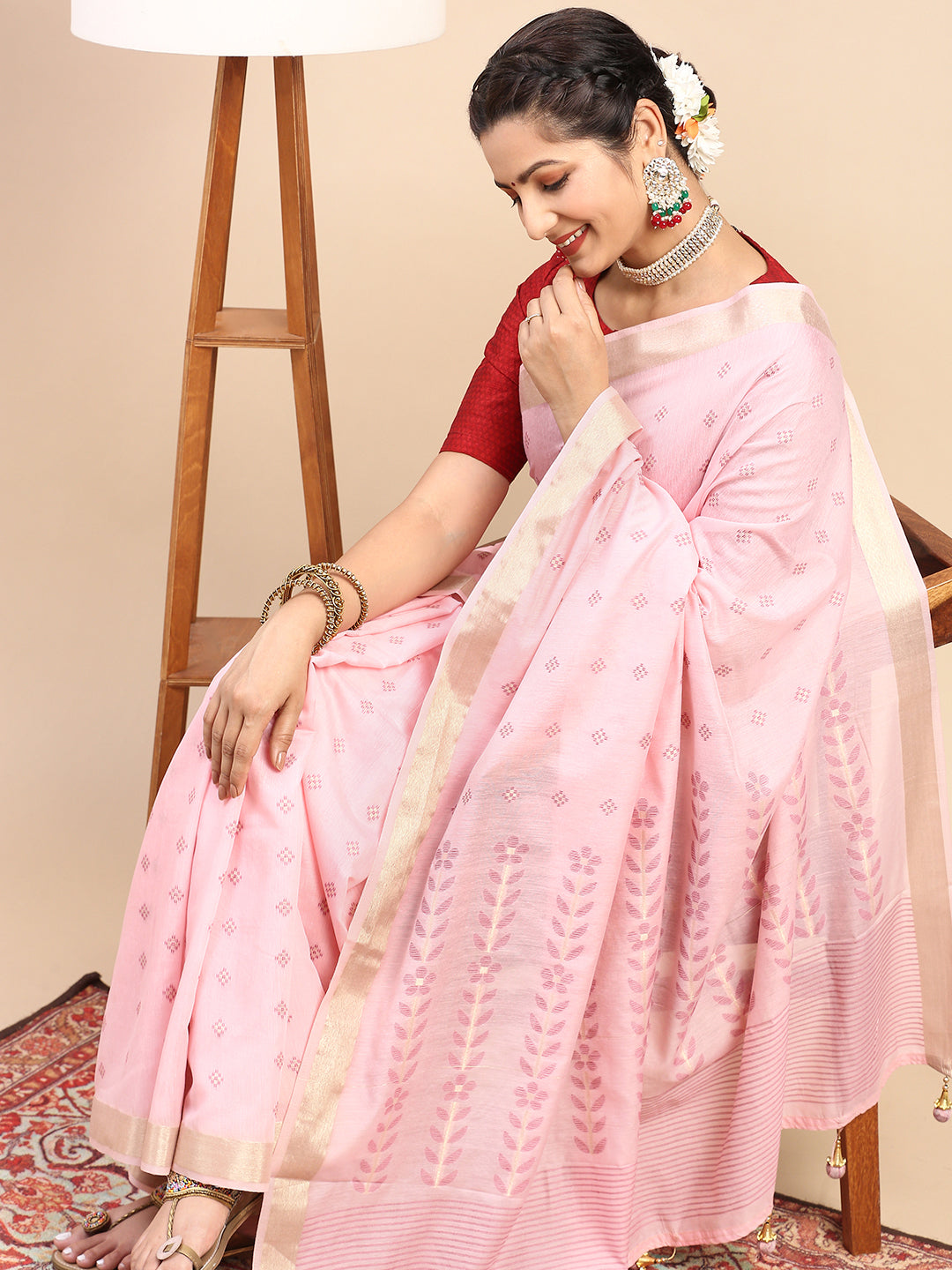 Women Semi Linen Weaving Saree Pink SL150