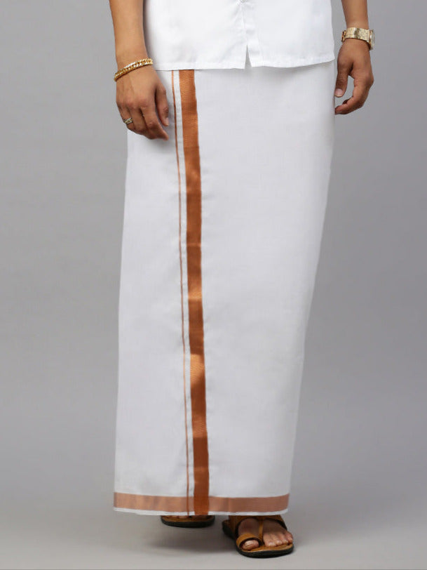 Men White 1 1/2'' Copper Jari Border Double Layer Dhoti Ribhu