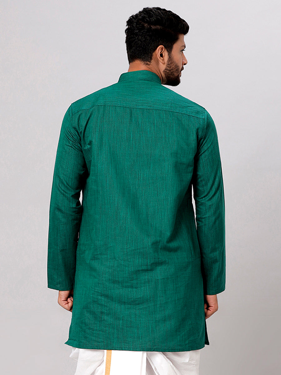 Mens Cotton Full Sleeves Dark Green Medium Length Pocket Kurta FS5-Back view