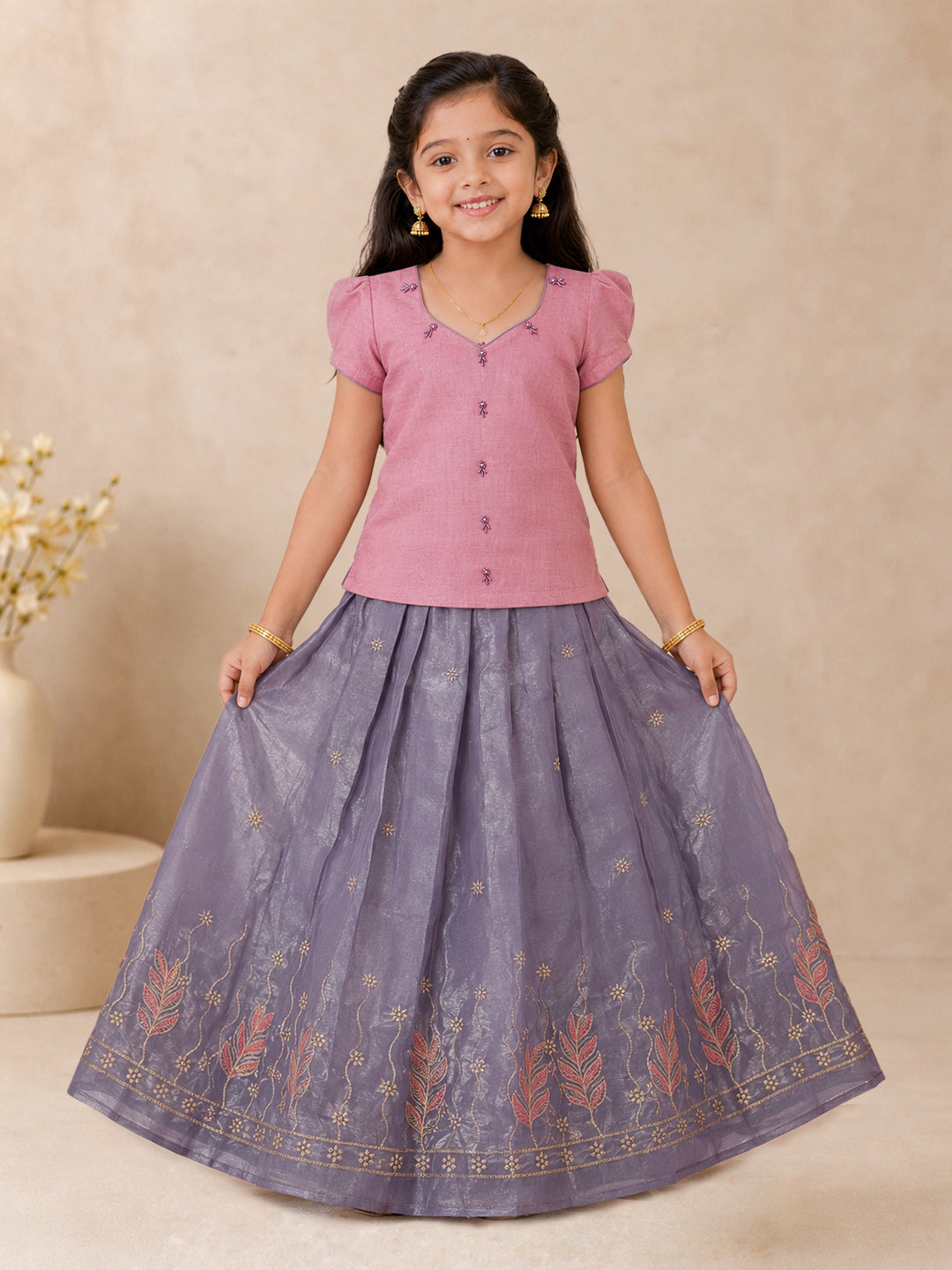 Girls Tissue Violet Pattu Pavadai Set GPS44