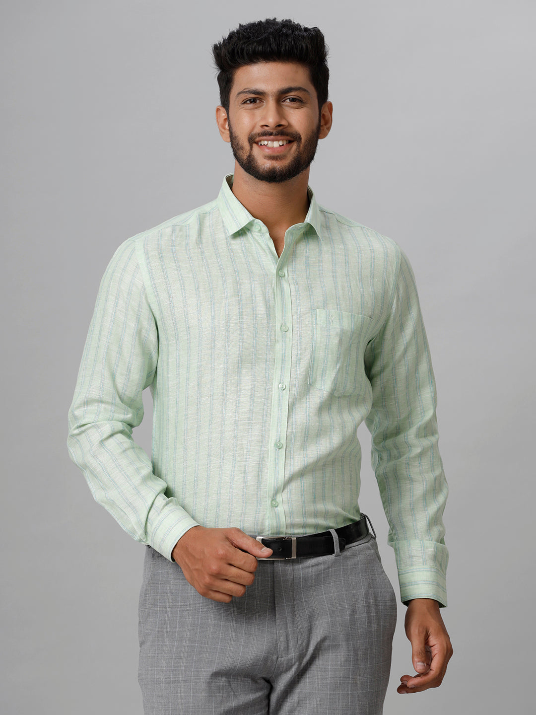 Mens Heroic  Pure Linen Striped Shirts -  Pista Green LS10