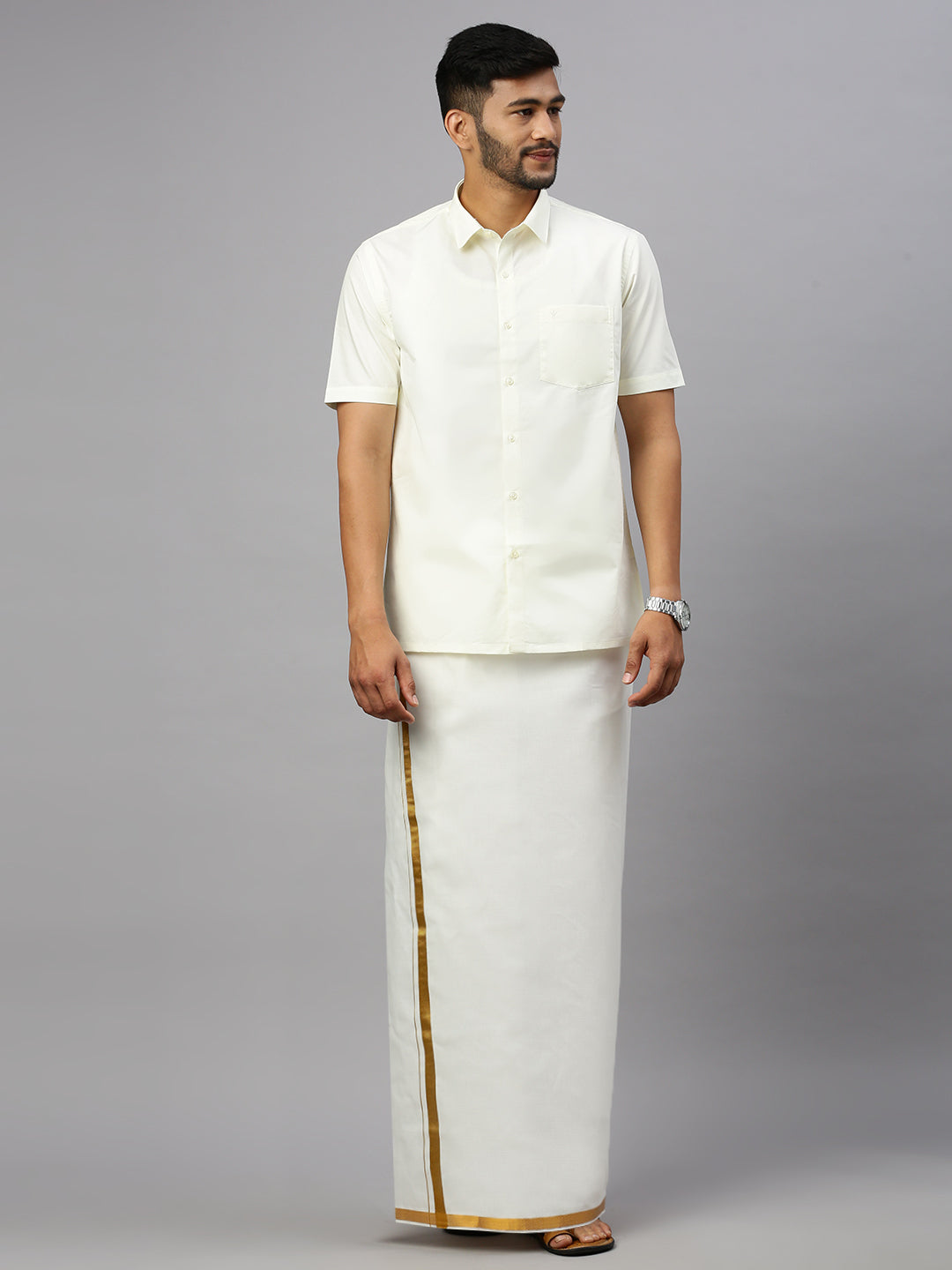 Mens Cream with 3/4" Inch Gold Jari Border Single Layer Dhoti Combo