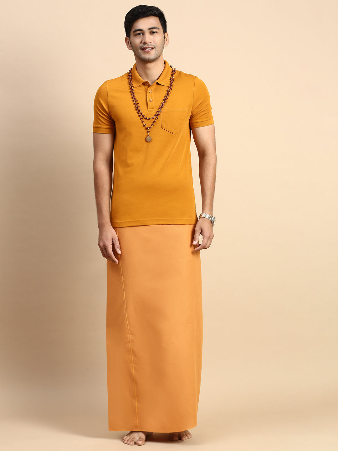 Men Devotional Small Border Dhoti & TShirt Set Kaavi EP41