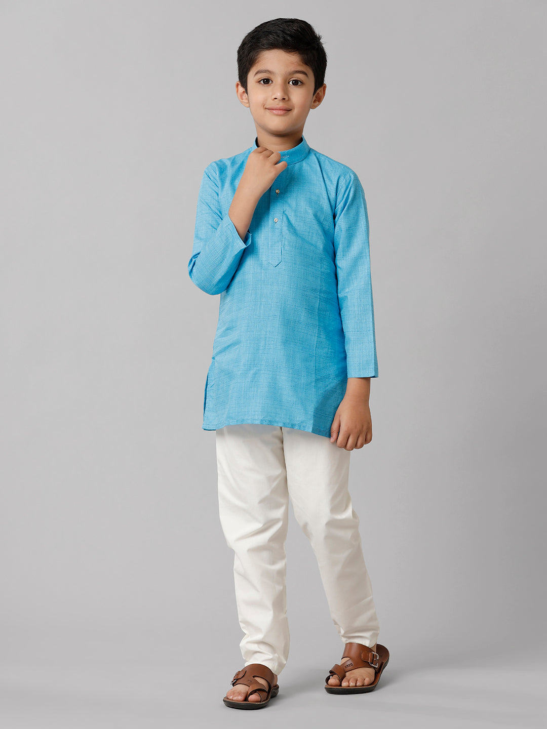 Boys Cotton Full Sleeves Sky Blue Kurta with Cream Pyjama Pant Combo FS4