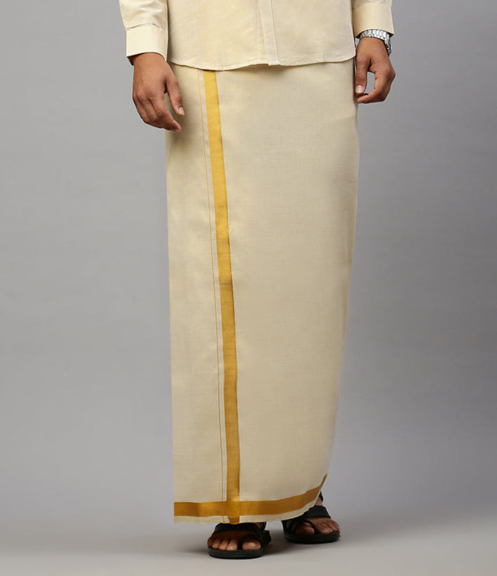 Men Tissue Single Layer Gold Dhoti with Jari Border