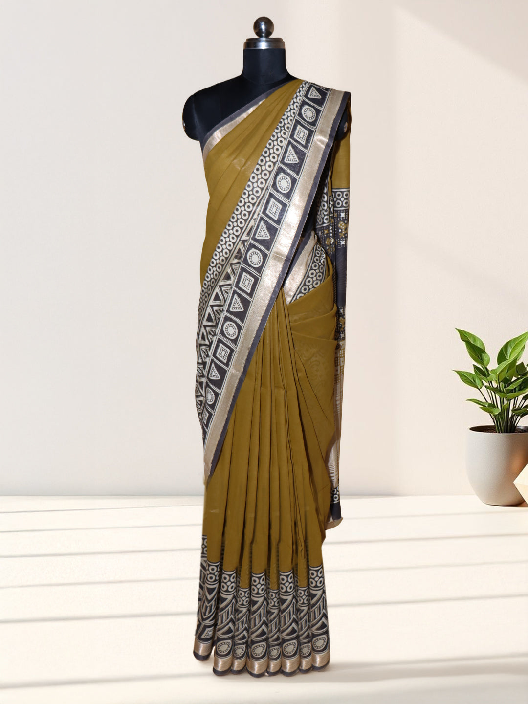 Women Mustard Green Semi Chanderi Cotton Printed Saree SC81