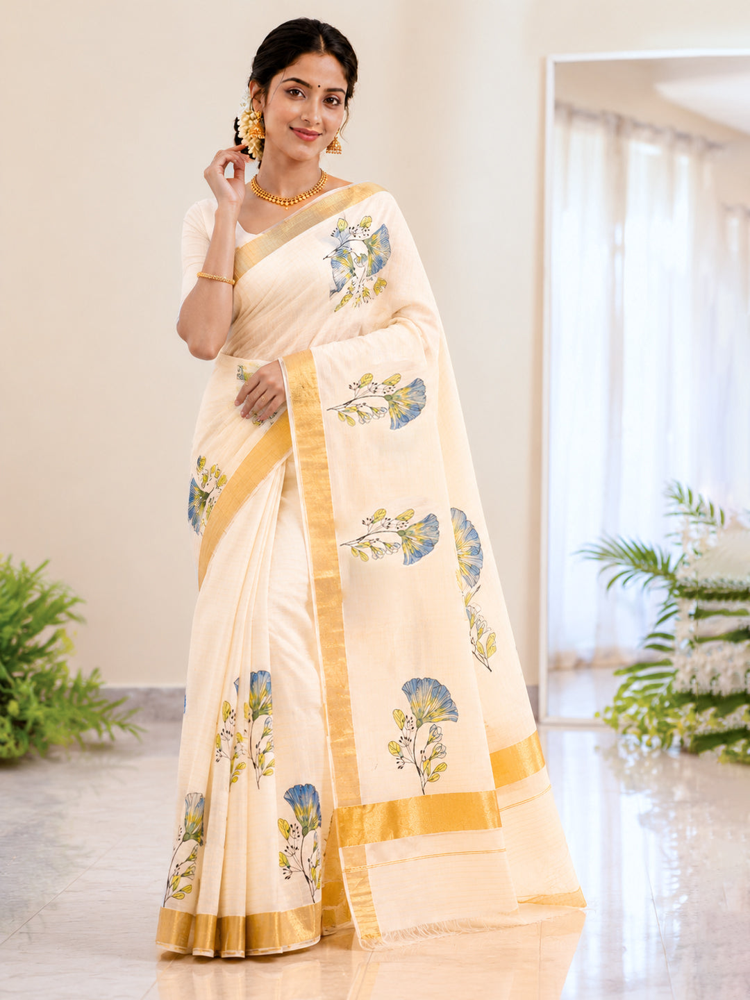 Women Kerala Printed Cream Saree KLS05