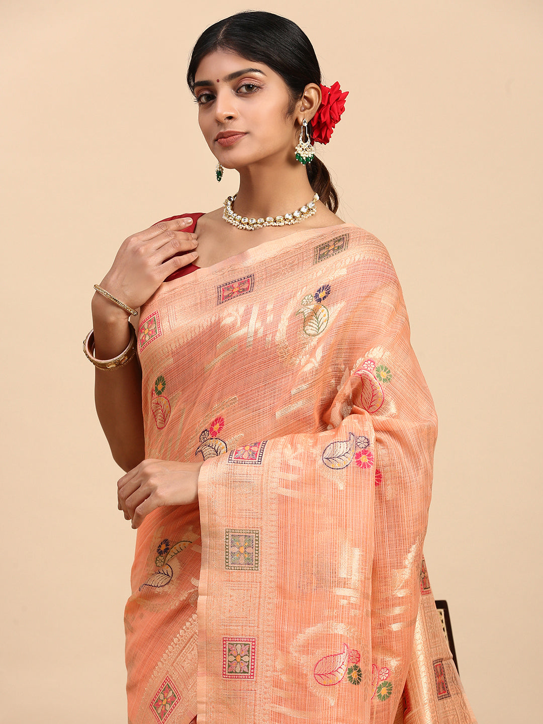 Women Semi Linen Printed Saree Orange SL165