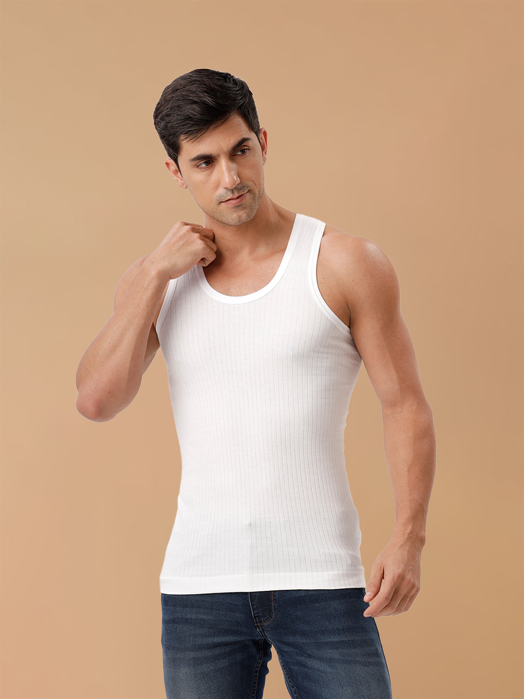 100% Combed Cotton White Striped Vest RN Gaurav (Pack of 2)