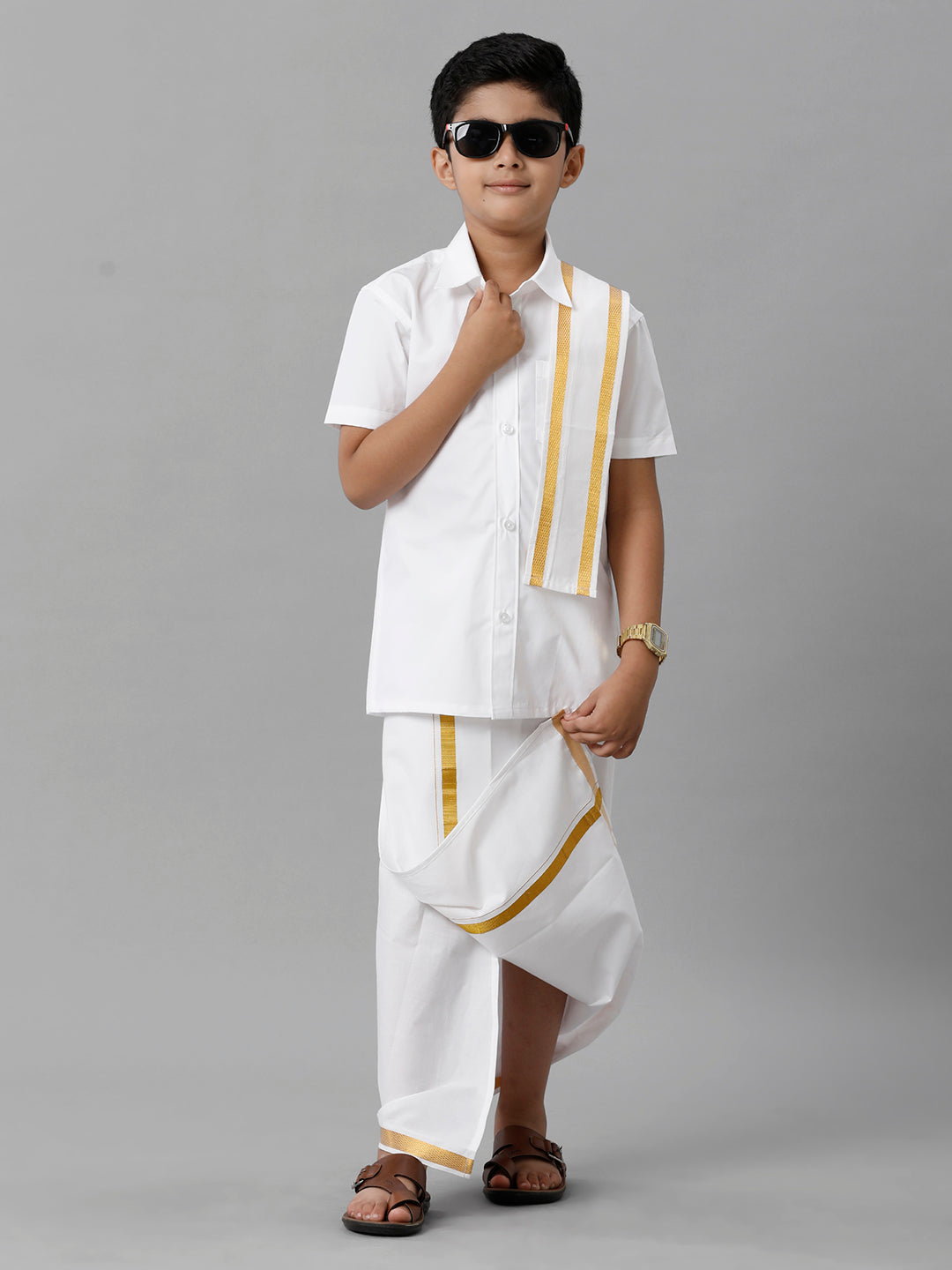 Like Father Like Son Half Sleeves White Shirt Dhoti & Towel Set Combo