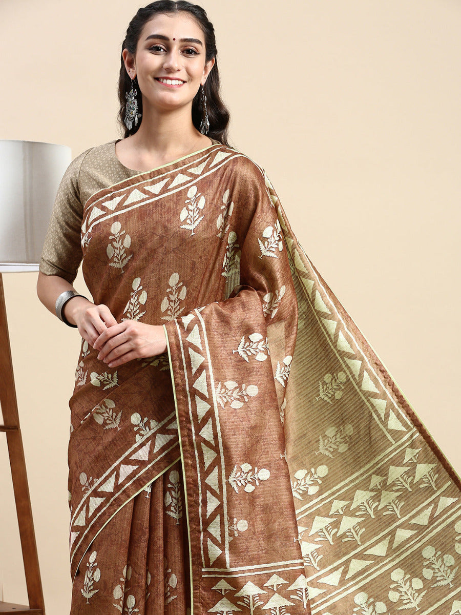 Womens Semi Cotton Brown and Sandal Flower Printed Saree SCS23-Front view