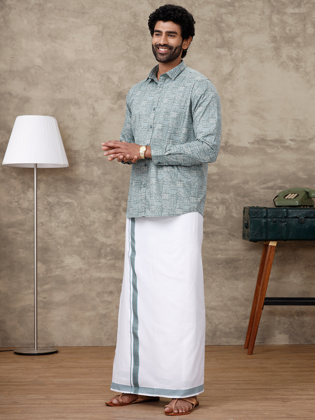 Men Slate Green Matching Border Dhoti With Printed Shirt Set Fusion PS3