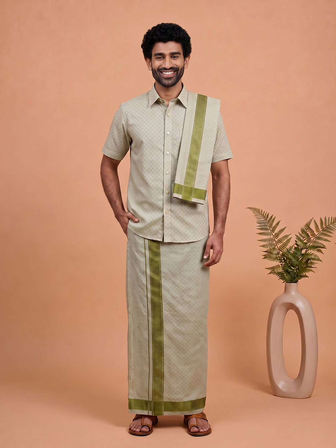 Tissue Moss Green Jacquard Shirt, Dhoti & Towel Set Set (3-in-1) | MGD13