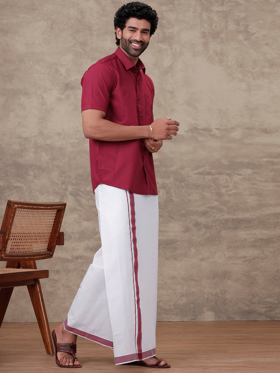 Men Dark Burgundy Shirt With Matching Border Dhoti Set Trendy