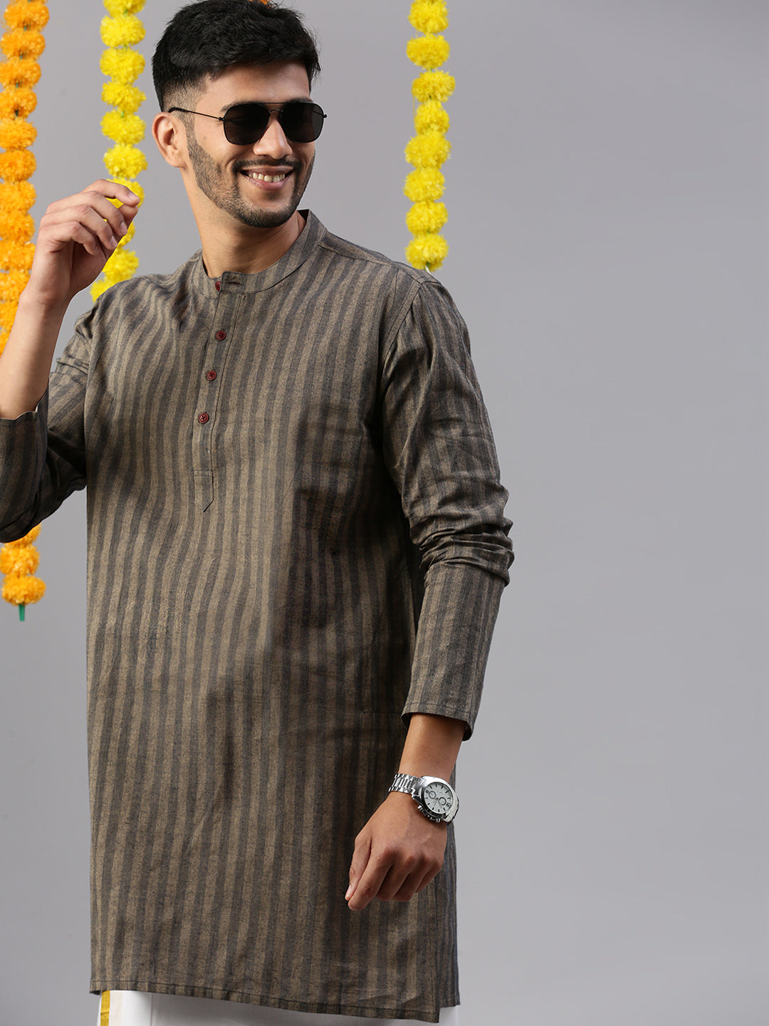 Mens Cotton Brown with Grey Striped Full Sleeves Short Length Kurta M5