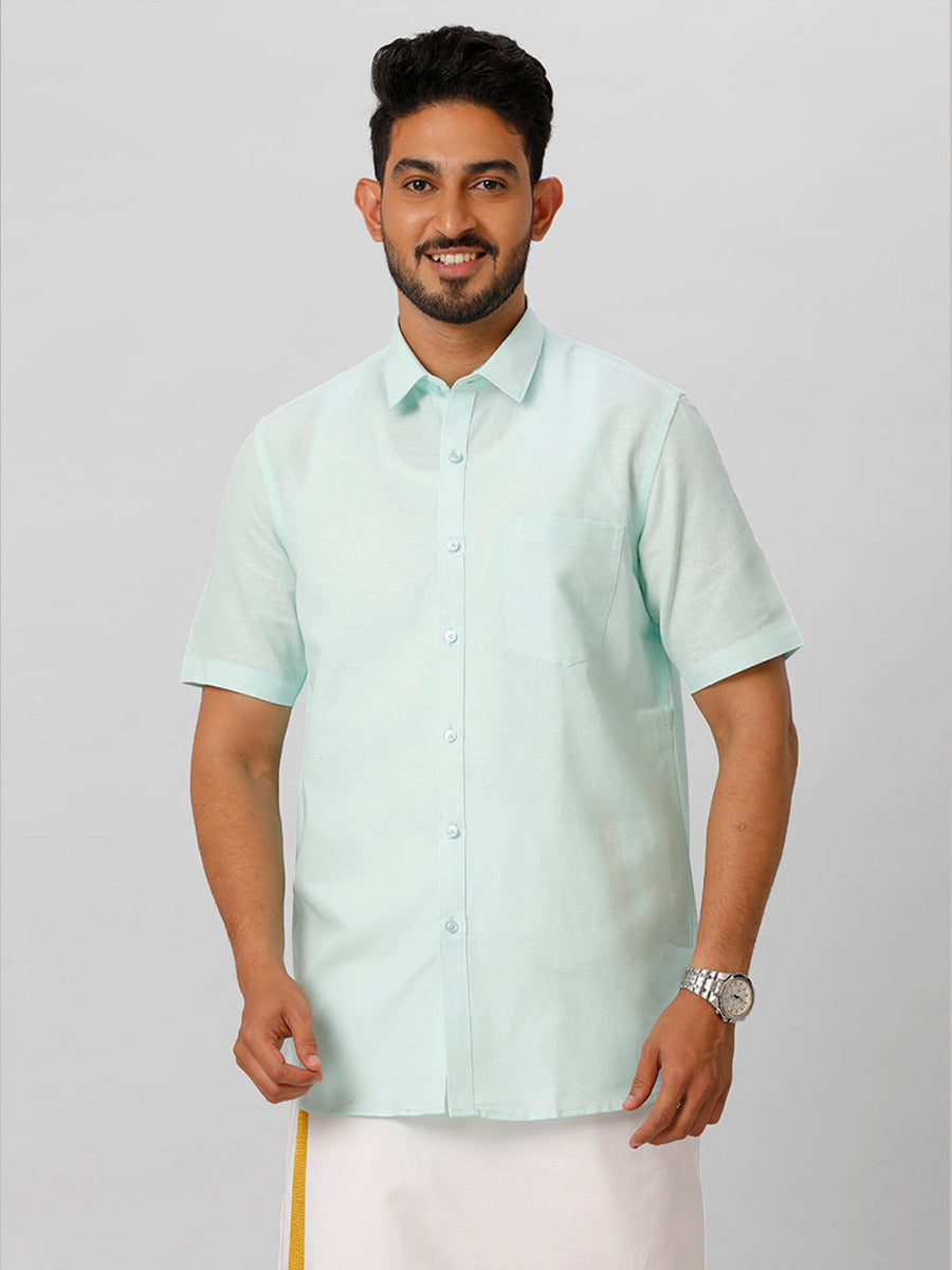 Mens Linen Cotton Formal Light Blue Half Sleeves Shirt LF1