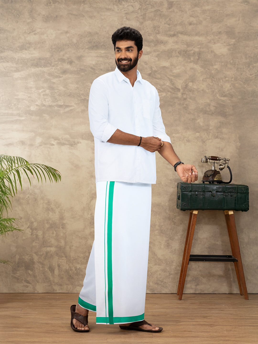Men Cotton Blend Readymade Single Layer White Dhoti with Big Border GACS19