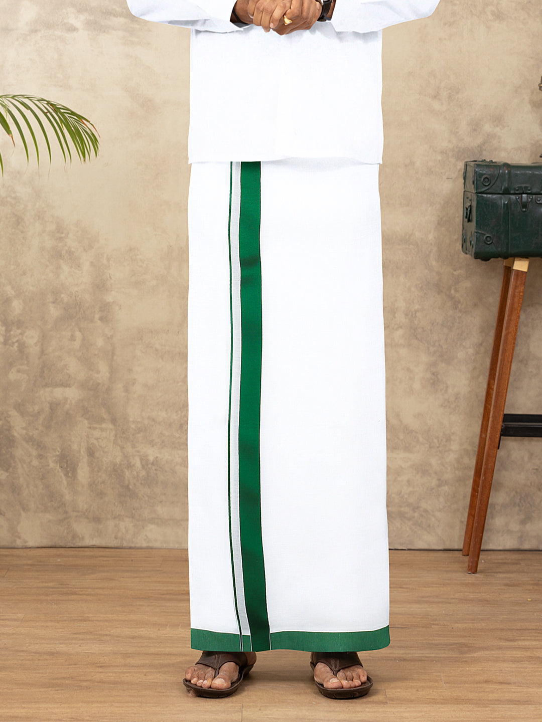Men Cotton Blend Double Layer White Dhoti with Fancy Border TS06