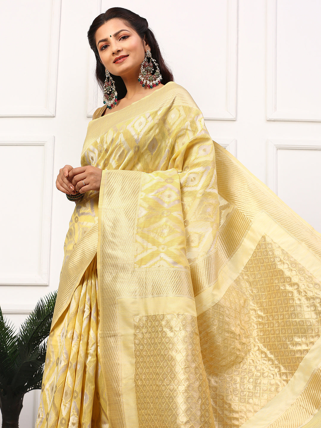 Women Semi Linen Weaving Saree Yellow SL138