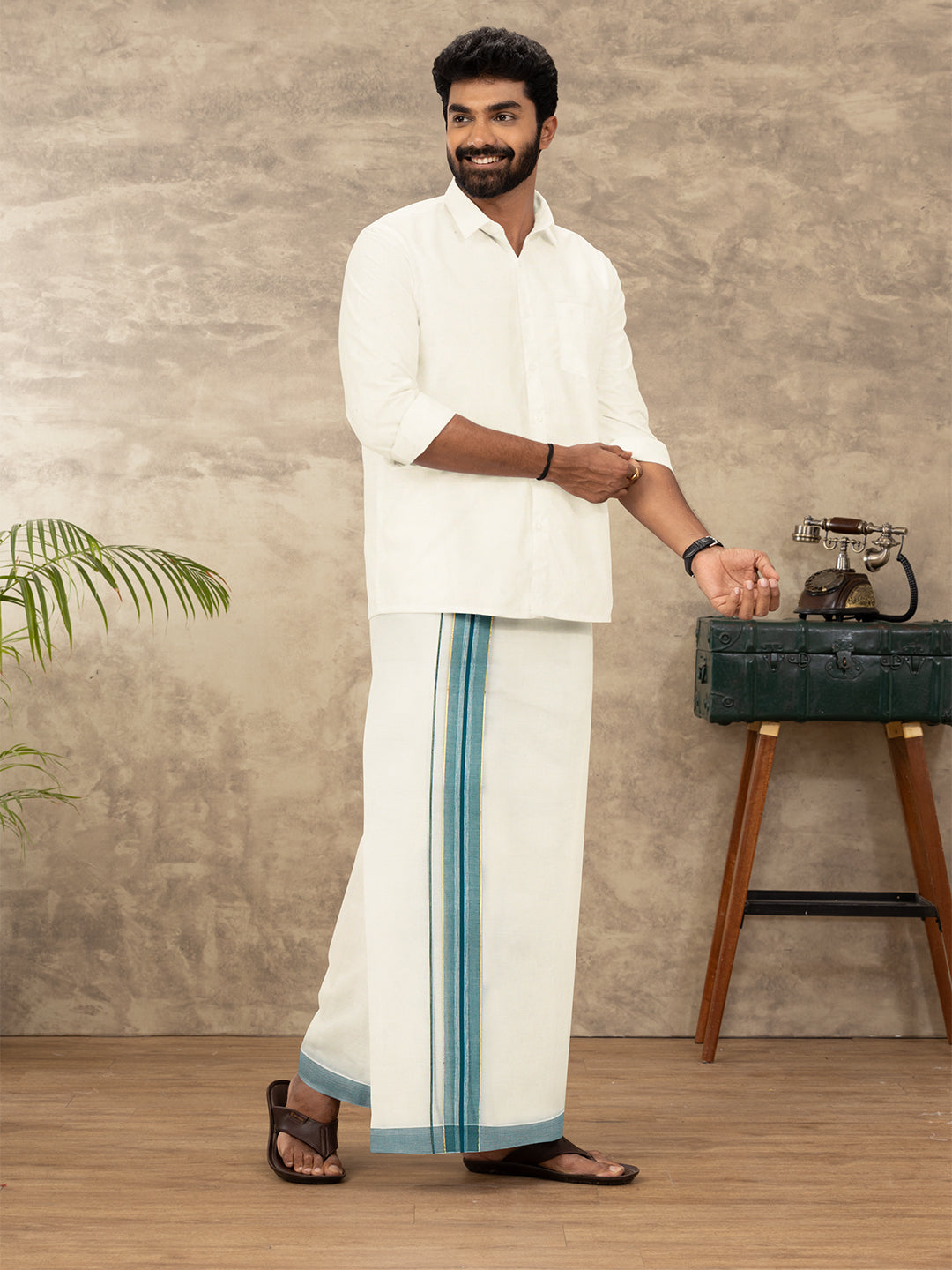 Men Kora Cotton Double Layer Dhoti with Green Fancy Jari Border EGJ19