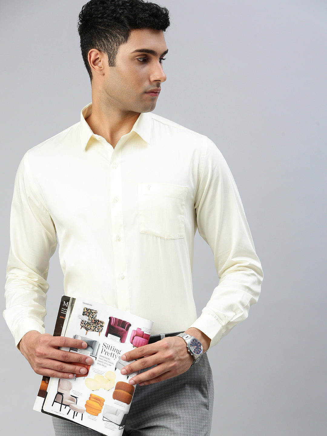 Men 100% Cotton Cream Shirt  Royal Gold NI