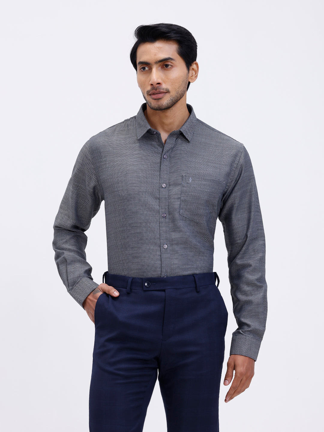 Men Cotton Rich Full Sleeve Shirt Grey Black Dobby T59 AIT5