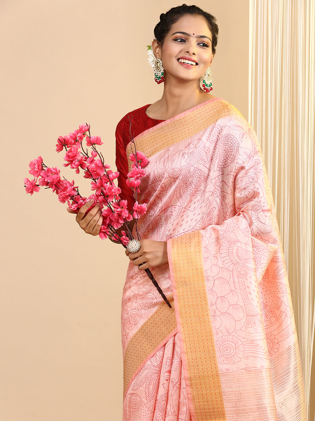 Women Semi Tussar Printed Saree Pink ST179