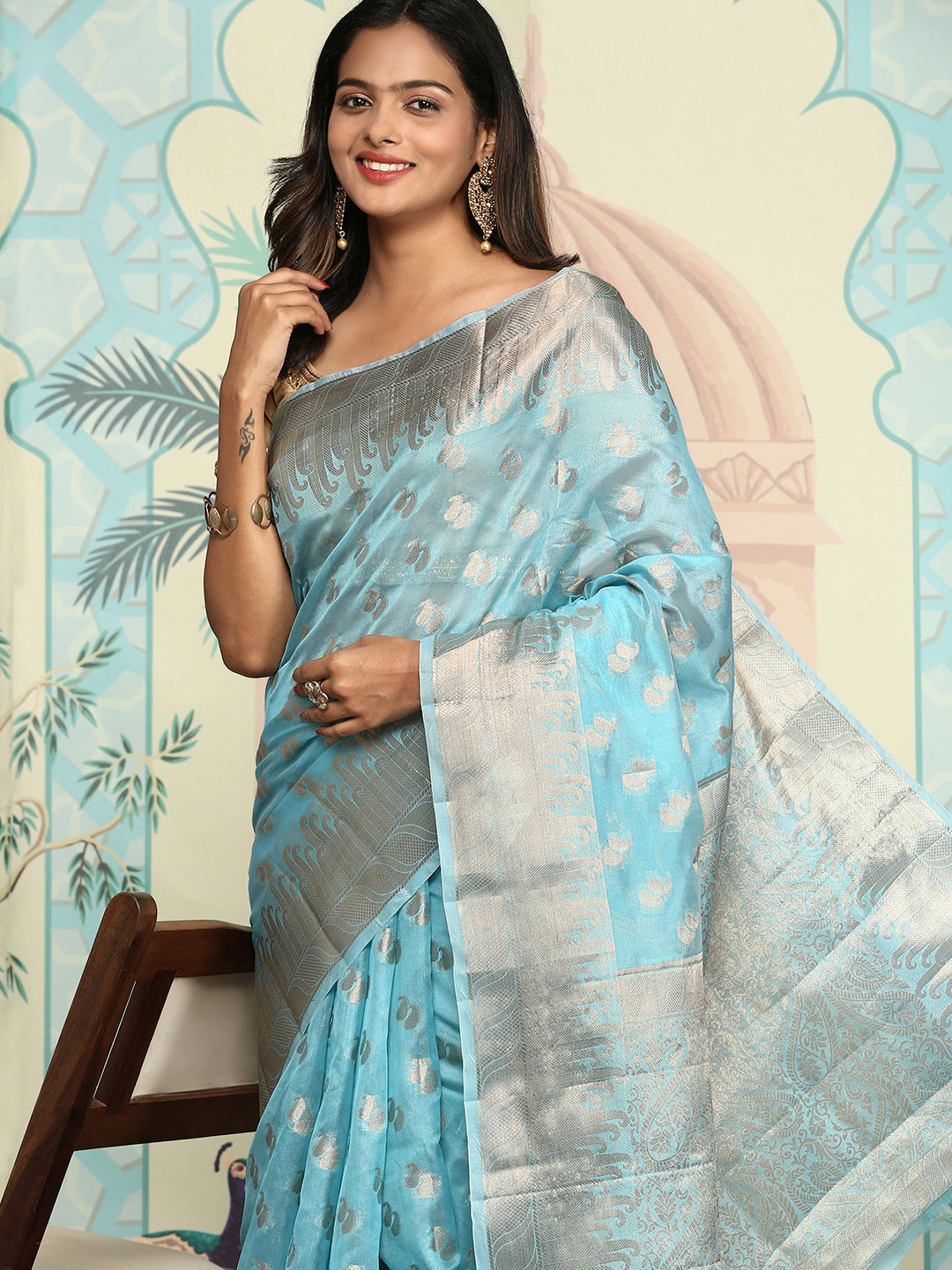 Women Semi Orgenza Weaving Saree Blue SOS13