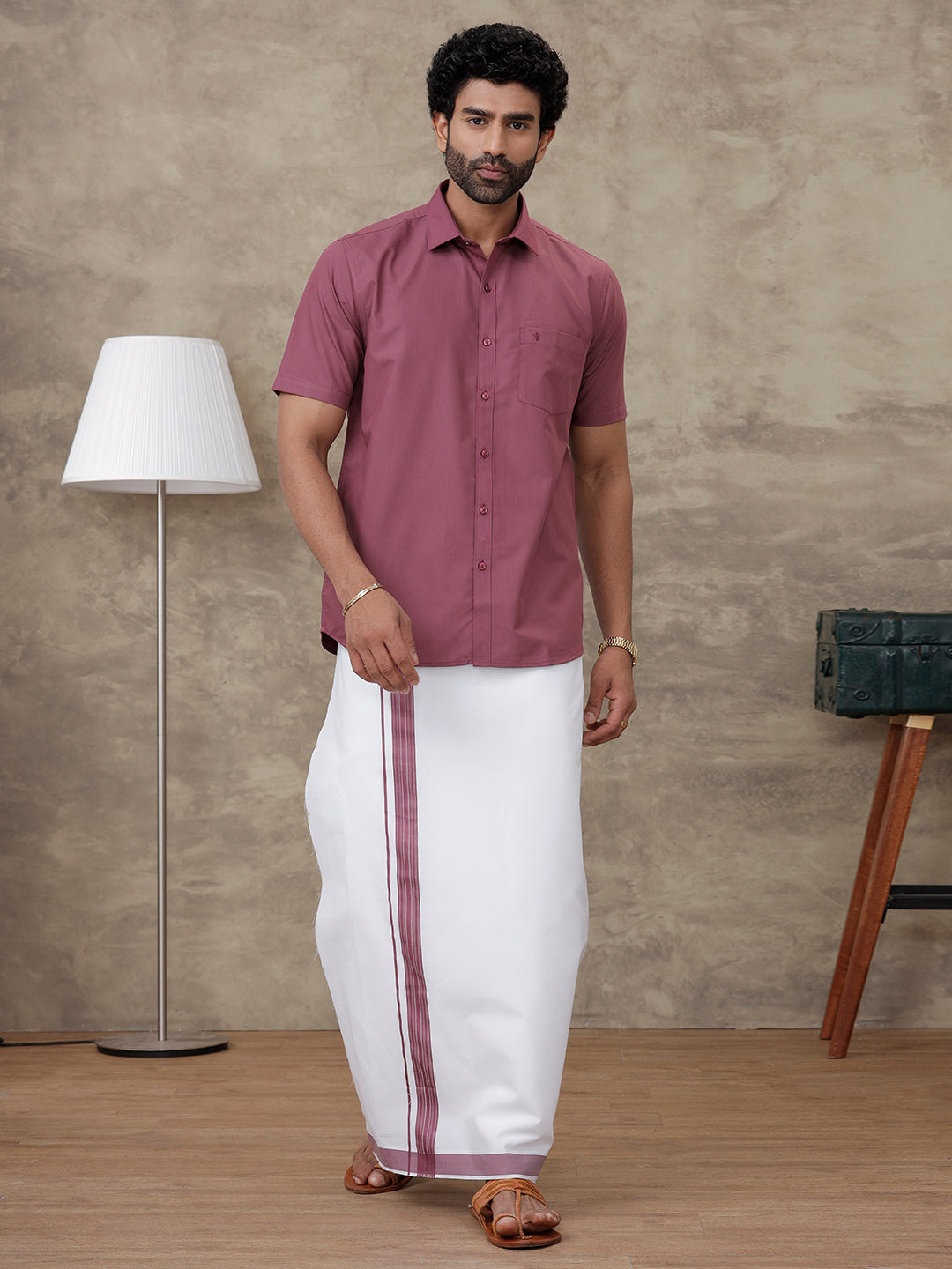 Couple Combo Shirt & Dhoti Set with Saree Wine Berry ST306
