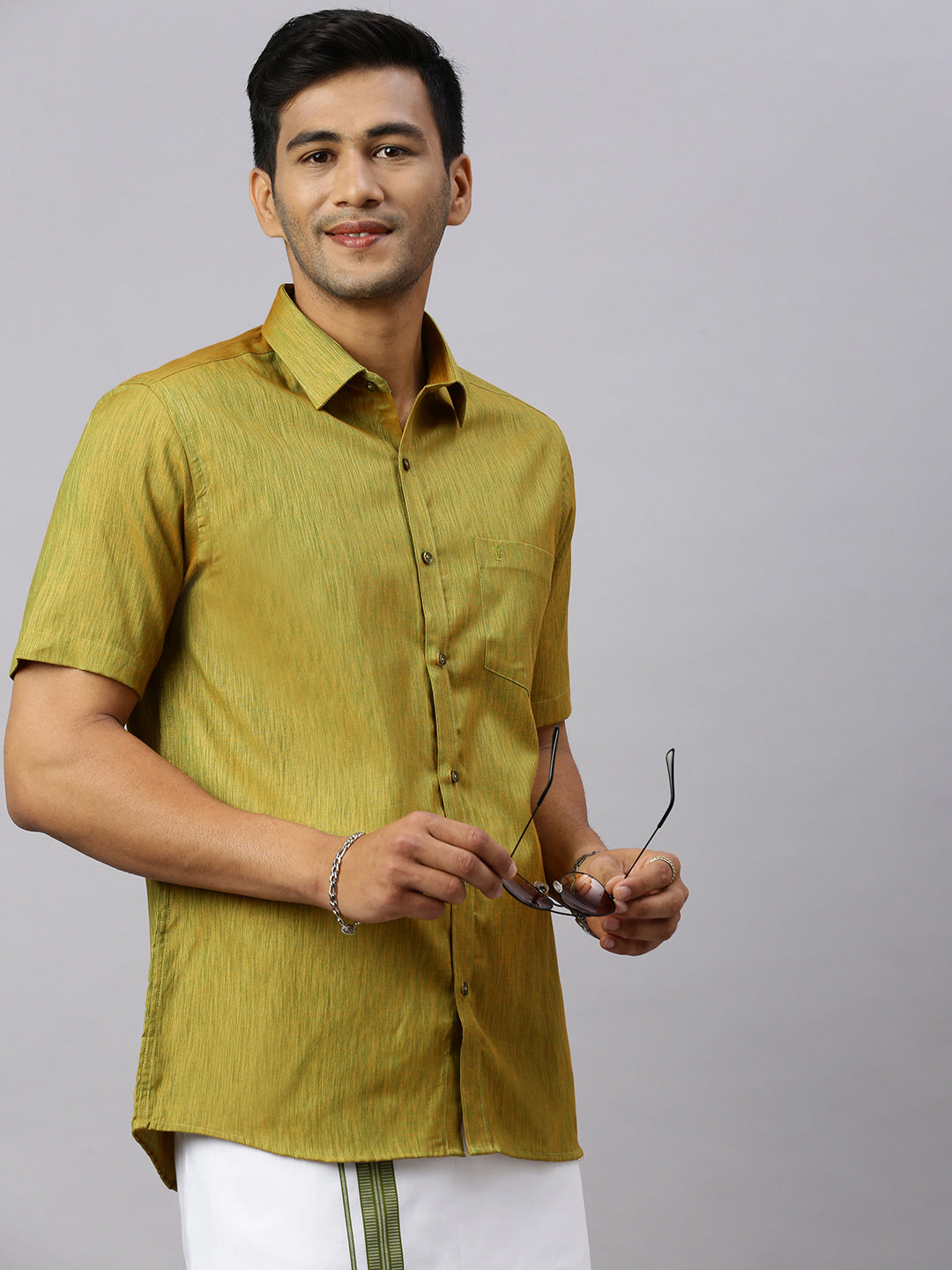 Mens Bronze Olive Matching Border Dhoti & Half Sleeves Shirt Set CV8