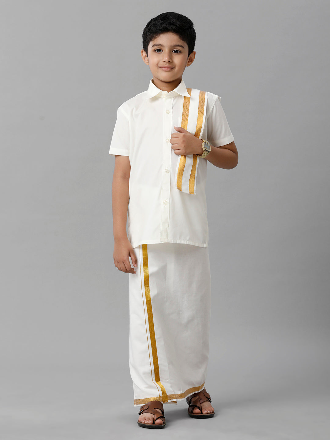 Boys Cotton Cream Half Sleeves Shirt Dhoti with Towel Set